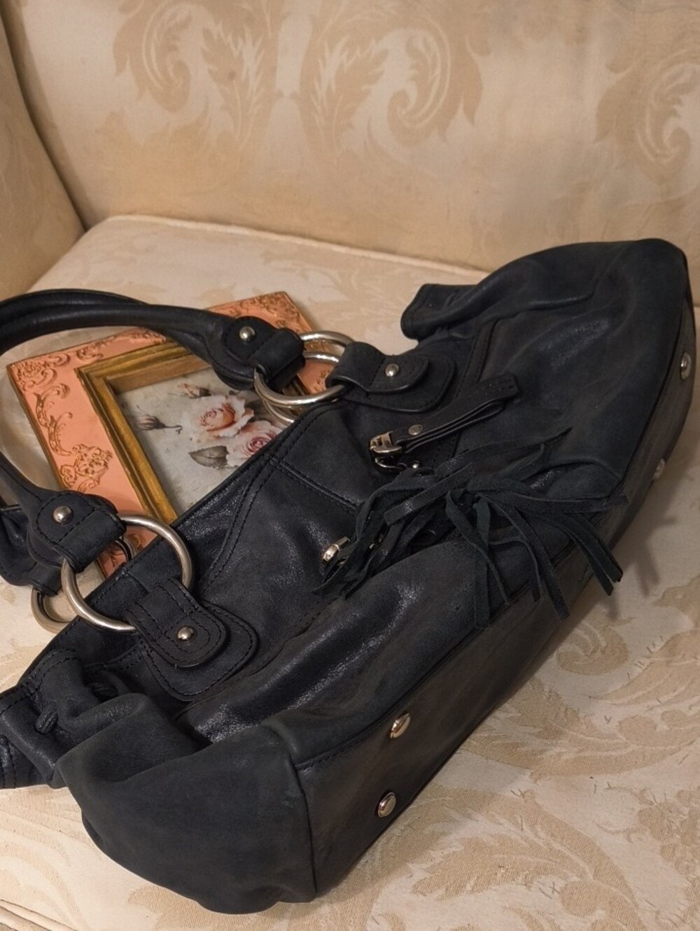 b. makowsky Black Leather Shoulder Bag with Silver Rings - Picture 4 of 8